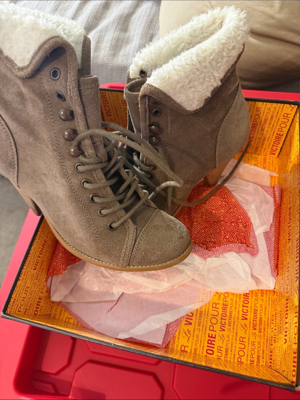 Steve Madden Taupe Suede Lace-Up Ankle Boots with Faux Shearling
